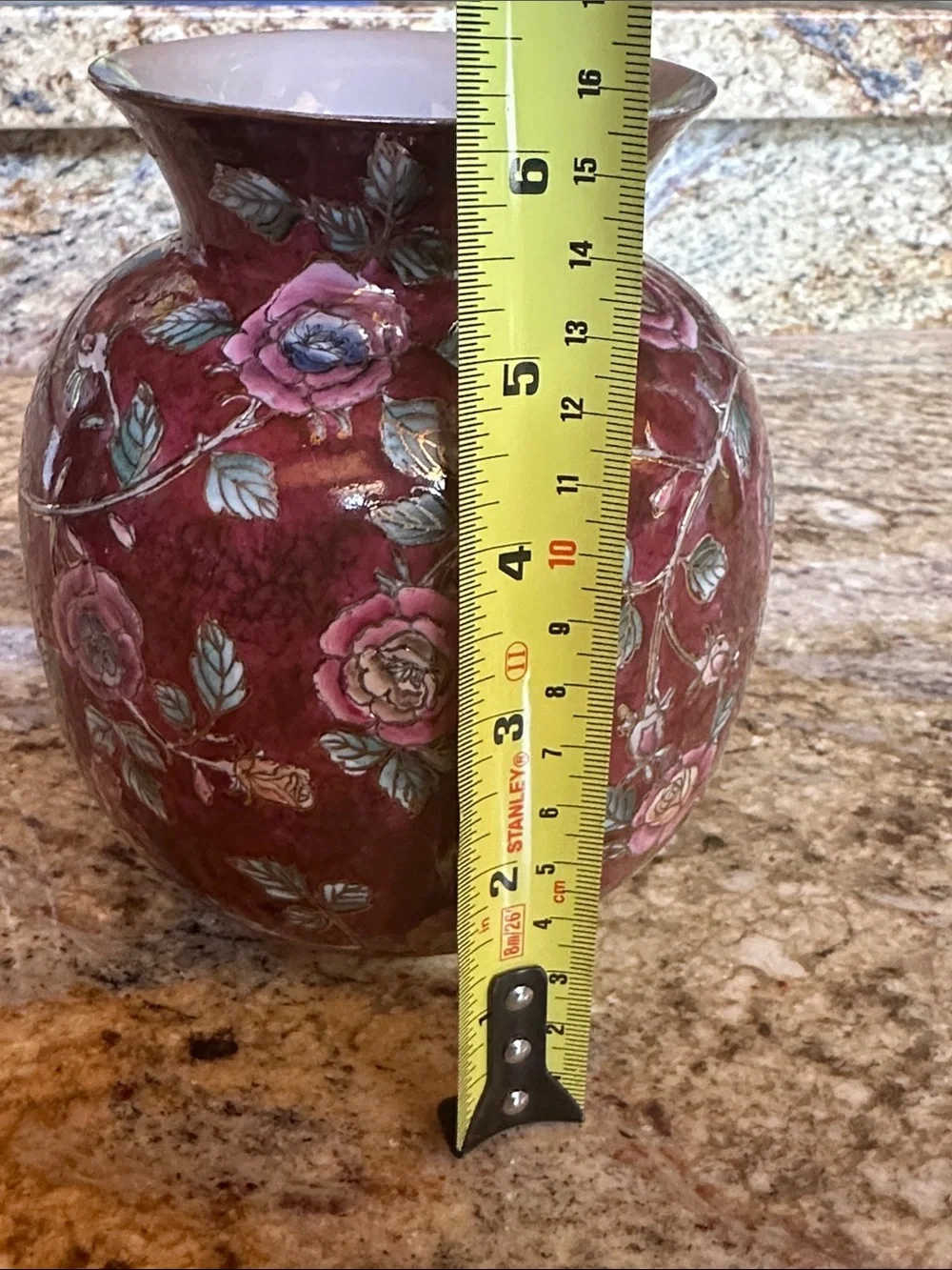 Hand-Painted Floral Ceramic Vase in Burgundy with Pink Roses